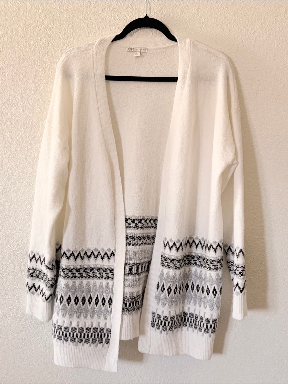 Cato White Open-Front Cardigan with Gray Fair Isle Detail L oversized Christmas